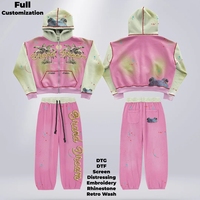 Setelan Training Pria Bordir Patch Distressed Custom 100% Katun, Baju Olahraga Jogging, Tracksuit Vintage untuk Pria