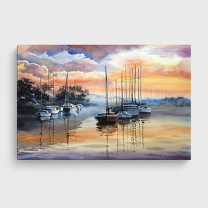 Obra de arte impresa en lienzo: Paisaje marino abstracto con veleros al atardecer, LIENZO ENROLLADO - Product Image 2