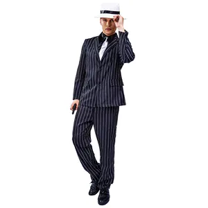 Cool Men Terno Listrado Preto e Branco Festa de Halloween Cosplay Gangster Traje para Os Homens