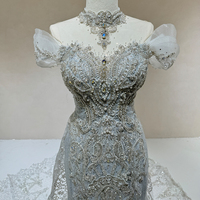 Robe de mariée sirène de luxe DW0021, nouvelle conception, dentelle illusion, épaules dénudées, broderie luxueuse, sequins et perles.