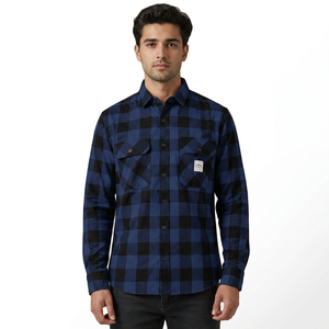 Chemise en flanelle à carreaux bleu et noir pour homme, décontractée, à manches longues, boutonnée, avec poches sur le devant, pour l'automne, 100% coton - Product Image 1