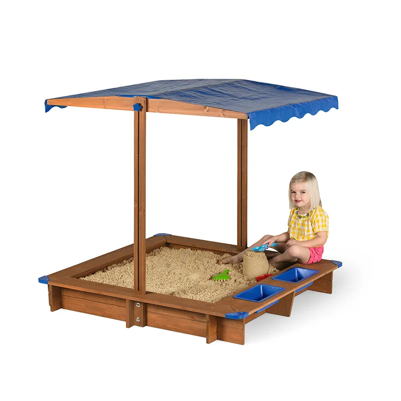 Kids Wooden Sandbox Children Sand Play Station Outdoor with Adjustable Height Cover Bottom Liner Seat Plastic Basins