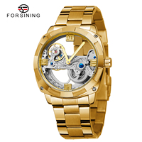 Montre mécanique automatique de luxe pour hommes, de marque Forsining, de qualité usine, en acier, avec cadran squelette transparent et forme pont.
