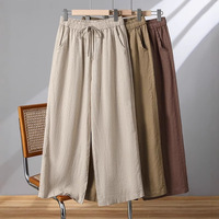 Pantalon large en coton et lin pour femme, style japonais, taille haute, grande taille, avec cordon de serrage, coupe droite, décontracté