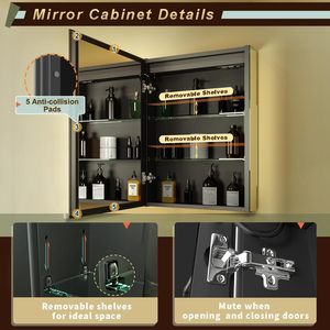 Armoire de toilette murale intelligente avec miroir LED éclairé, anti-buée, mémoire de luminosité, lumière à 3 couleurs réglable et port de charge USB pour salle de bain - Product Image 3