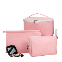 Nouvelle trousse de maquillage en PU rose à la mode avec fermeture à glissière Pinceaux de rangement pratiques Essentiels de voyage Sac cosmétique Motif de logo