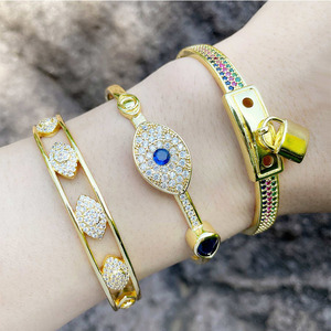 Bracelet jonc double couche en or diamant CZ Pave Smile Planet Saturn Cross Hamsa Hand Evil Eyes Lightning <span class=keywords><strong>Brass</strong></span> <span class=keywords><strong>Band</strong></span> Stacking - Product Image 2