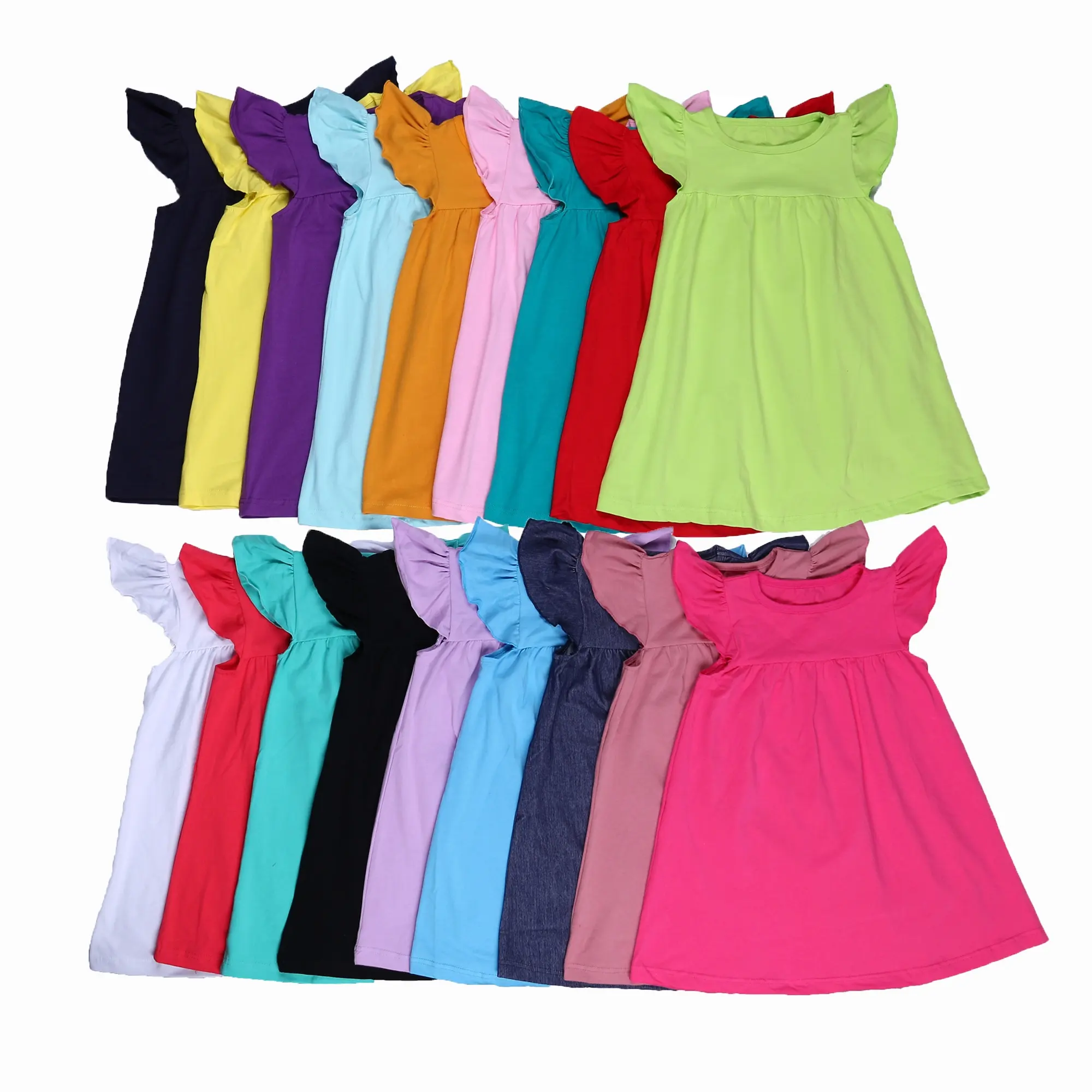 Manches courtes d'été flutter rts boutique enfant en bas âge aucune quantité minimale de commande stock taille de mélange en coton couleur unie filles perle robe