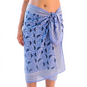 Blue Floral Print Chiffon <b>Sarong</b> <b>Wrap</b> Skirt With Bow Tie Midi Length Beach Cover Up - Product Image 1