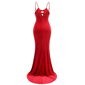 Abito lungo da <span class=keywords><strong>sera</strong></span> da donna in velluto rosso, sexy, con scollo a V, spalline sottili, fiocco, vita impero, senza maniche, senza schienale, lunghezza maxi - Product Image 6