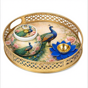 JM INTERNATIONAL Plateau rond traditionnel en métal Pichwai Peacock avec ensemble de 3 pots pour Diwali, cadeau Inde - Product Image 1