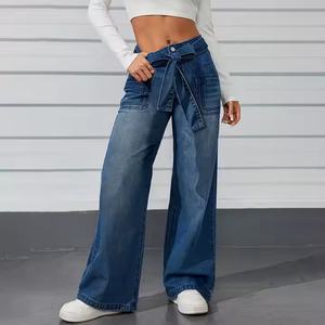 Jeans de mezclilla casuales de tiro bajo 2025, desgastados, de pierna ancha, lavado claro, transpirables, estilo cargo, para mujer - Product Image 2