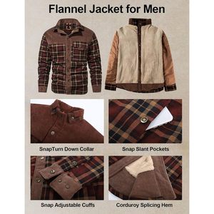 Men's Sherpa Lined Plaid <b>Flannel</b> Shirt <b>Jacket</b> Corduroy Winter Warm Casual With Pockets - Product Image 4