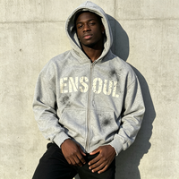 Fabricants OEM de streetwear : Sweat à capuche zippé pour homme, gris, imprimé effet craquelé, coupe oversize, en molleton bouclette, délavé et vieilli, style vintage