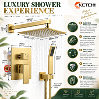 Système de douche pluie mural avec pommeau de douche à effet pluie, douchette à main, mitigeur et robinet de dérivation en laiton pour salle de bain