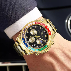 Montre analogique chronographe Caven Denton Rainbow Hollow-Out pour homme, boîtier en alliage doré, lunette en verre sertie de diamants, date luminescente, fermoir caché - Product Image 4