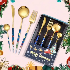 4 Stuks Maat Kerst Koreaanse Gouden Zilverwerk Bestek Sets Roestvrij Stalen Bestek Set