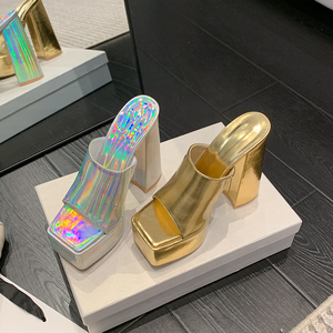 Ins Hot <b>Silver</b> Metallic High <b>Block</b> <b>Heel</b> Mules Women's Platform Sandals Summer <b>Shoes</b> Chunky <b>Heels</b> Slippers - Product Image 6