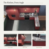 Meubles de cuisine modernes en PET rouge brique, configuration en L avec tour de four et suspension en laiton pour duplex