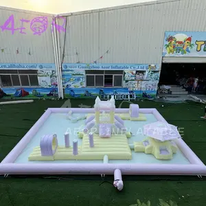 Corrediça inflável para piscina de água cor arco-íris cor cor de obstáculos inflável para crianças brincar com casa inflável