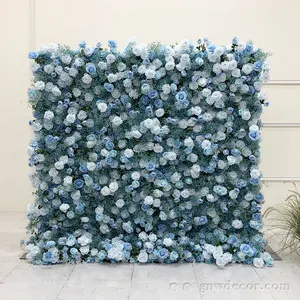 GNW 2023 रोल अप कपड़े नीले गुलाब Babysbreath व्यवस्था रेशम कृत्रिम शादी की सजावट पृष्ठभूमि फूल दीवार