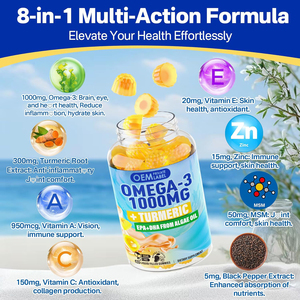Gomitas Veganas de Omega-3 OEM <span class=keywords><strong>1000mg</strong></span> con Cúrcuma, Aceite de Pescado, Algas, DHA, EPA, Vitaminas A, C, E, Zinc y MSM - Product Image 6