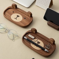 Plateau de rangement de bureau en bois en forme d'ours mignon, support pour clés, pièces de monnaie et bijoux en bois naturel, plateau de rangement multi-usages pour le bureau