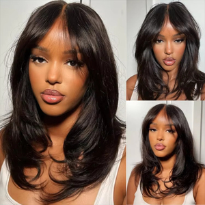Perruque Lace Front 18 pouces en <span class=keywords><strong>cheveux</strong></span> naturels du Vietnam, ondulée, avec frange rideau, sans colle, dentelle pré-coupée, <span class=keywords><strong>coupe</strong></span> dégradée ondulée, vente en gros - Product Image 6