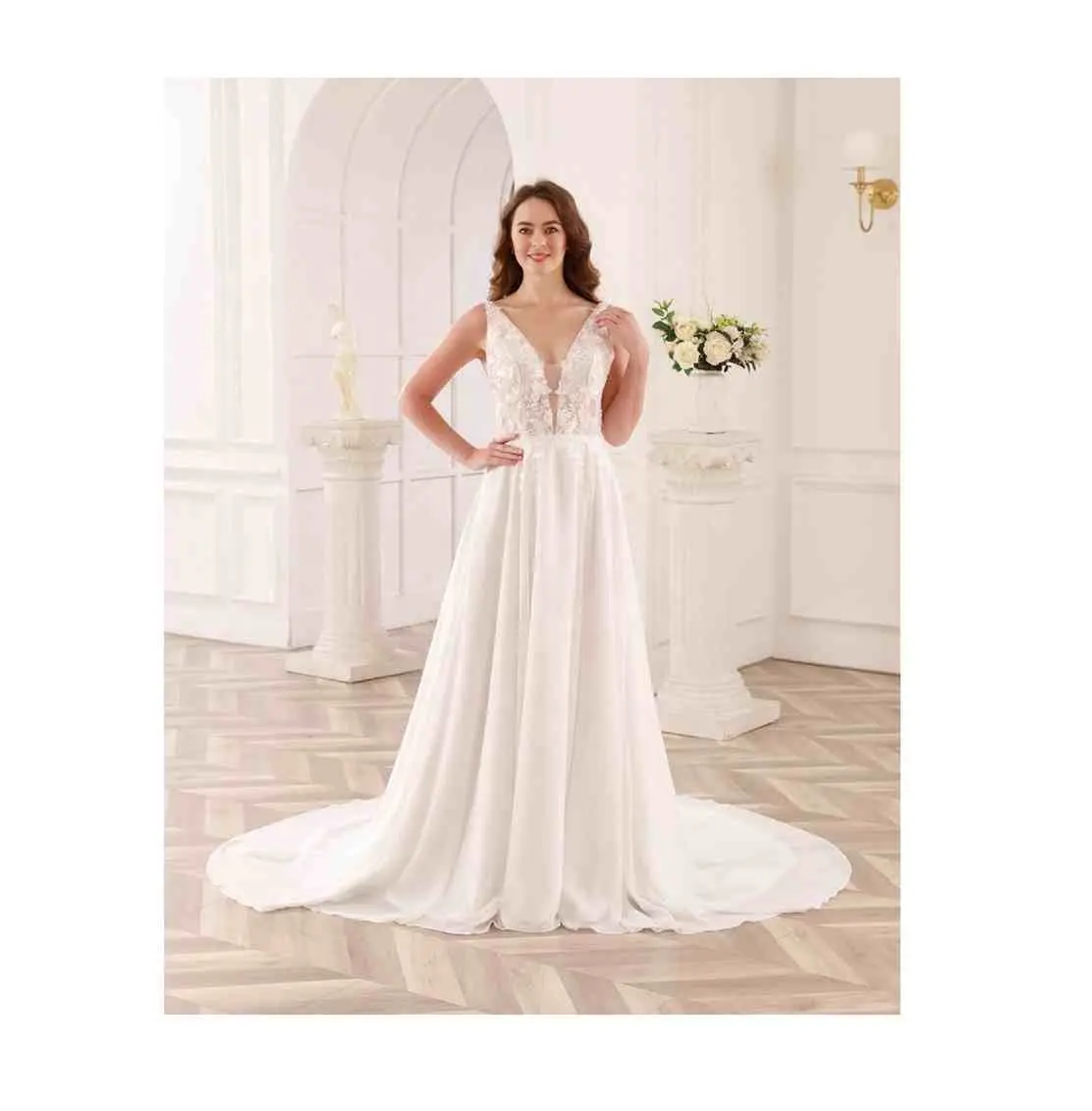 WT4317 Hot Sale TOP Illusion Chiffon Bridal Gown Lace Applique Simple Elegant Ivory Wedding Dress