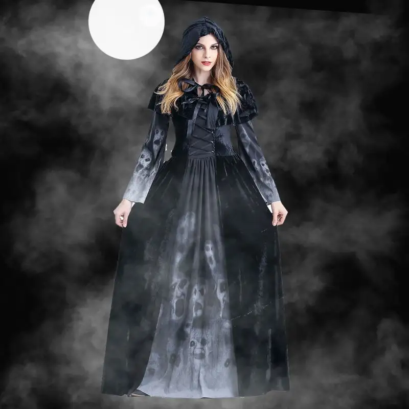 Disfraz de Halloween victoriano para mujer, ropa de Cosplay, disfraz de bruja y vampiresa escalofriante, Maxi, disfraz Medieval de fantasía fantasma