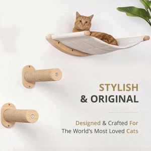 Árbol rascador para gatos de 2 niveles, de madera ecológica, montado en pared, con hamaca y perchas de diseño flotante, para Halloween y Navidad - Product Image 1