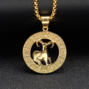 Gran oferta <span class=keywords><strong>pareja</strong></span> calidad hipoalergénica joyería de acero inoxidable Retro oro plata hueco signo del zodiaco alivio colgante collar - Product Image 4