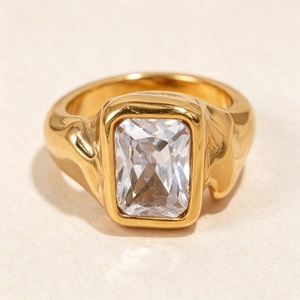 Vintage Fashion Hammered Texture 18K <strong>Gold</strong> Plated Stainless Steel Rectangle CZ Chunky <strong>Signet</strong> <strong>Ring</strong> for <strong>Ladies</strong> - Product Image 6