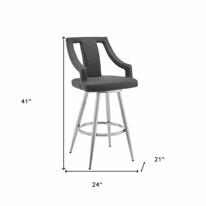 HMS 25 Counter Height Swivel Bar Chair in Gray and Silver Faux Leather and Iron Material
