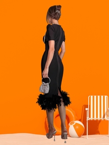 <span class=keywords><strong>Abito</strong></span> lungo da donna elegante <span class=keywords><strong>nero</strong></span> con <span class=keywords><strong>piume</strong></span> e perline, a maniche corte, stile impero, per serate di gala, feste e club, vestito dritto estivo sexy da celebrità - Product Image 2