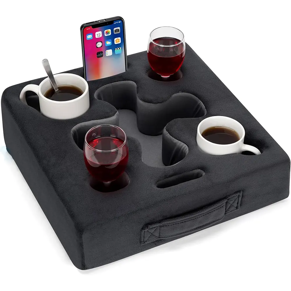 Custom Plush Cup Tray Bed Car Bottle Jar Cave Backseat Drinks Snacks Storage Square Grey 14 Inch Black Couch Cup Holder Pillow