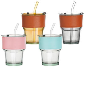 Offre Spéciale – Tasses à café en verre de 400 ml pour café glacé et lait, avec paille et couvercle, modèle Bamboo Festival - Product Image 1