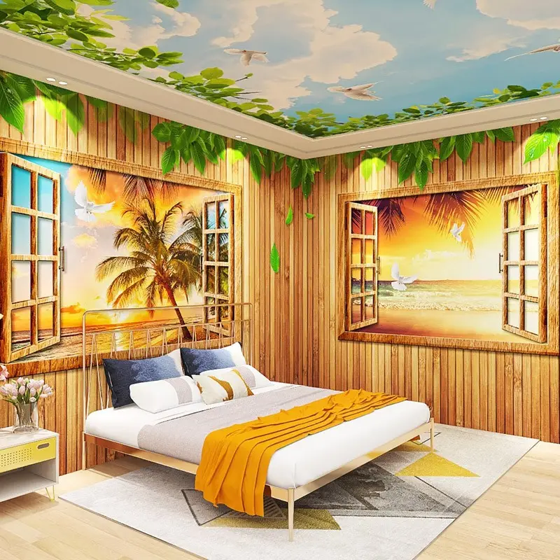 El paisaje fuera de la ventana se extiende Mural Fondo de grano de madera Hotel Dormitorio Techo Océano Bosque Expansión visual Papel tapiz