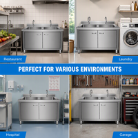 Évier de cuisine mobile pour livraison, station de lavage en acier inoxydable avec base de rangement et deux robinets pour la préparation de plats à emporter