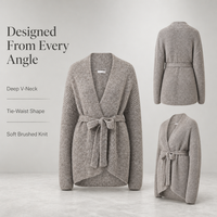 Cardigan long en maille brossée douce personnalisé avec ceinture pour femme, chaud et épais, à manches longues côtelées, style kimono décontracté pour l'hiver