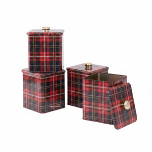 Square Metal Tin <b>Box</b> <b>set</b> 120x120 mm (<b>Set</b> of 3 ) Knob Handle Plaid Plaid Design - Product Image 2