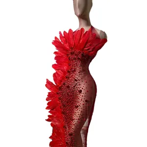 Sexy Red White Backless Feathers Rhinestone Dinner Gown Photoshoot Casamento Aniversário Festa Vestido Longo Mulheres Sereia Vestido De Noite