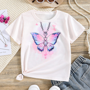 T-shirt estiva carina da ragazza a manica corta nuovo <span class=keywords><strong>Top</strong></span> rosa con motivo a farfalla <span class=keywords><strong>per</strong></span> bambini 4-7 anni t-shirt a maglia Casual stampata - Product Image 1