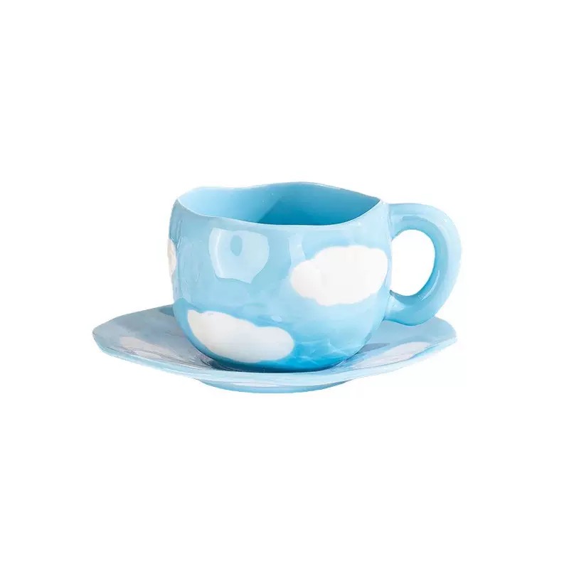 Blue sky and white clouds - holding cups and plates in hand