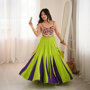 Wholesale Indian Women Lime Green Purple Dual Tone Kalidar Flared <b>Lehenga</b> Chaniya Choli Kutchi Real Mirror Work Strap <b>Crop</b> <b>Top</b> S - Product Image 1