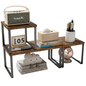 Étagère de rangement de bureau en bois à 2 niveaux, combinaison bois et fer, style minimaliste, marron peau de tigre, support en fer noir, organisateur - Product Image 1