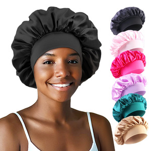 Satin Sleeping Cap For Women Elastic Wide Brim Shower Cap Hair Care Hat Solid Color Luxury Style Thin Polyester Material - Product Image 1