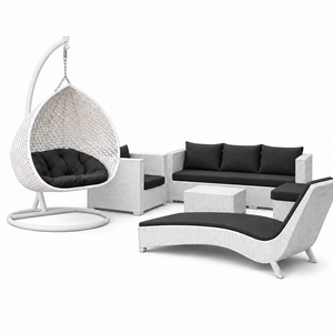 White Rattan Outdoor Lounge Set with Hanging <b>Chair</b> and Black Cushions for <b>Garden</b> Patio Use Durable Furniture - Product Image 1