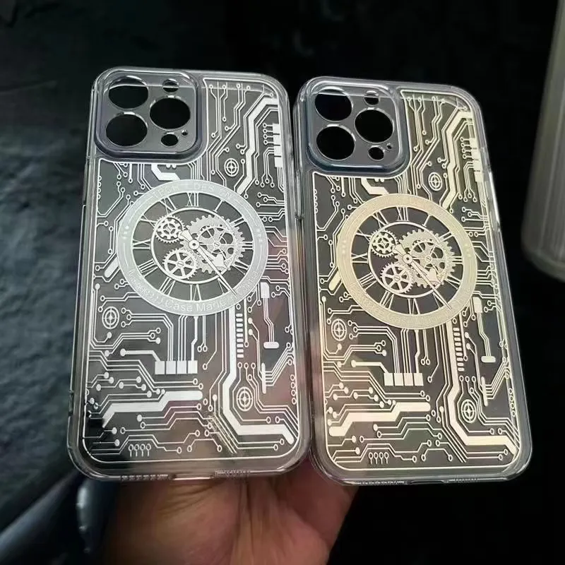 Classic Plating Circuit Board Magnetic Wireless Charge Case For iPhone 12 13 14 Pro Max Shockproof Clear Cool Men Phone Cover