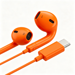 Auriculares estéreo con cable tipo C, acabado liso naranja, semi intrauditivos, con control de volumen, para móvil, venta al por mayor. - Product Image 2